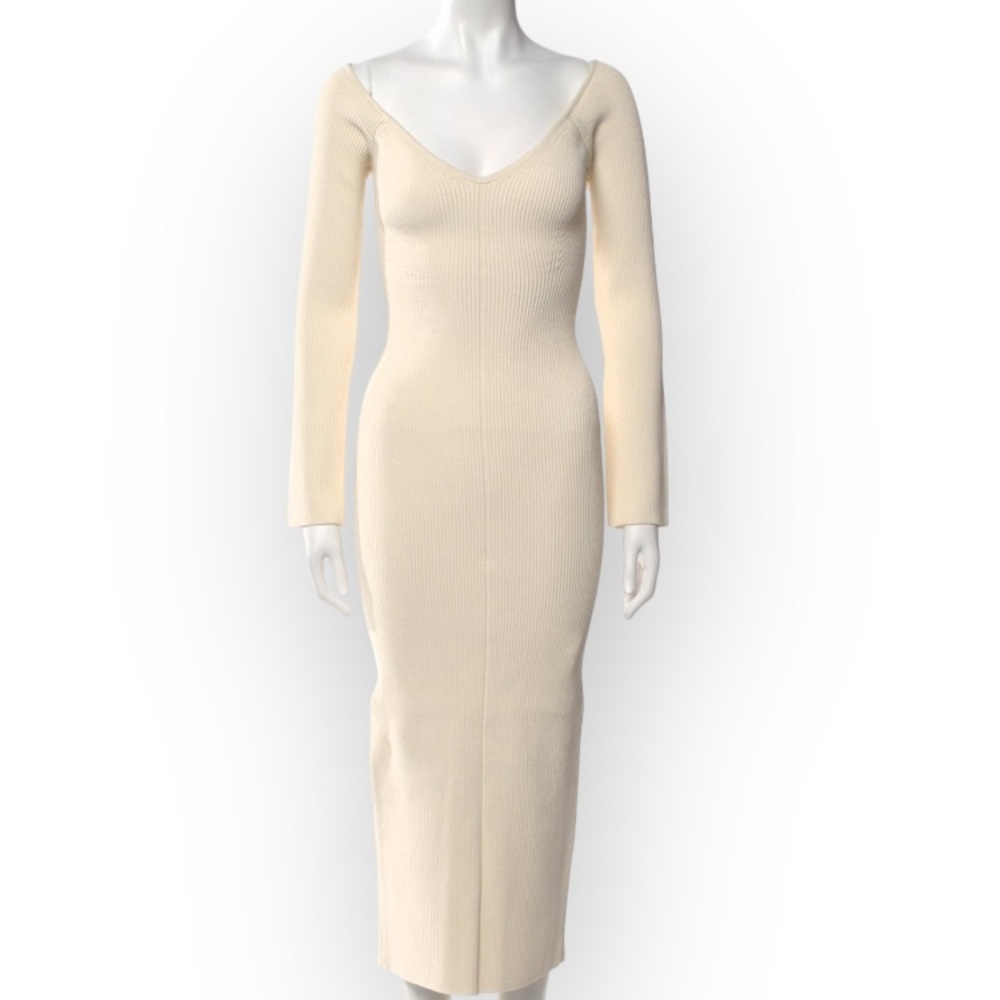 New Fashion Nova Knit Bodycon Long Sleeve Beige Fleck Gold Accented Dress Medium - Picture 2 of 3